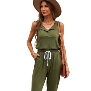 Green Button Crew Neck Drawstring High Waist Jumpsuit Size L
